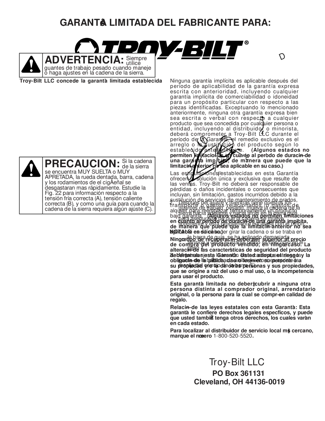 Troy-Bilt TB3516 manual Garantía Limitada DEL Fabricante Para 