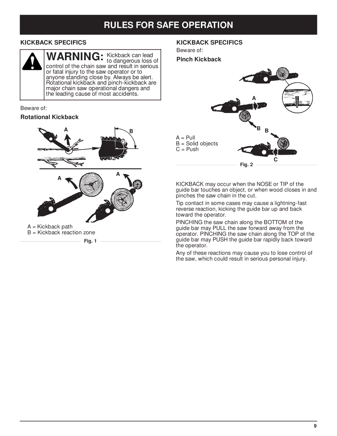 Troy-Bilt TB3516 manual Kickback Specifics, Rotational Kickback, Pinch Kickback 