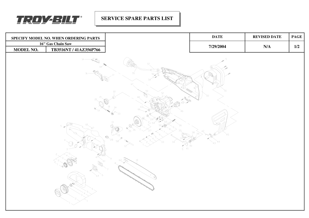 Troy-Bilt TB3516NT manual Service Spare Parts List 