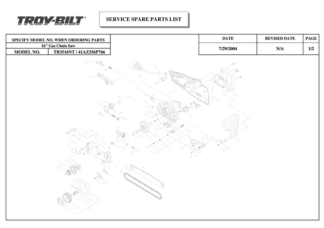Troy-Bilt manual Service Spare Parts List, 7/29/2004, Model No, TB3516NT / 41AZ356P766, Revised Date, Page 