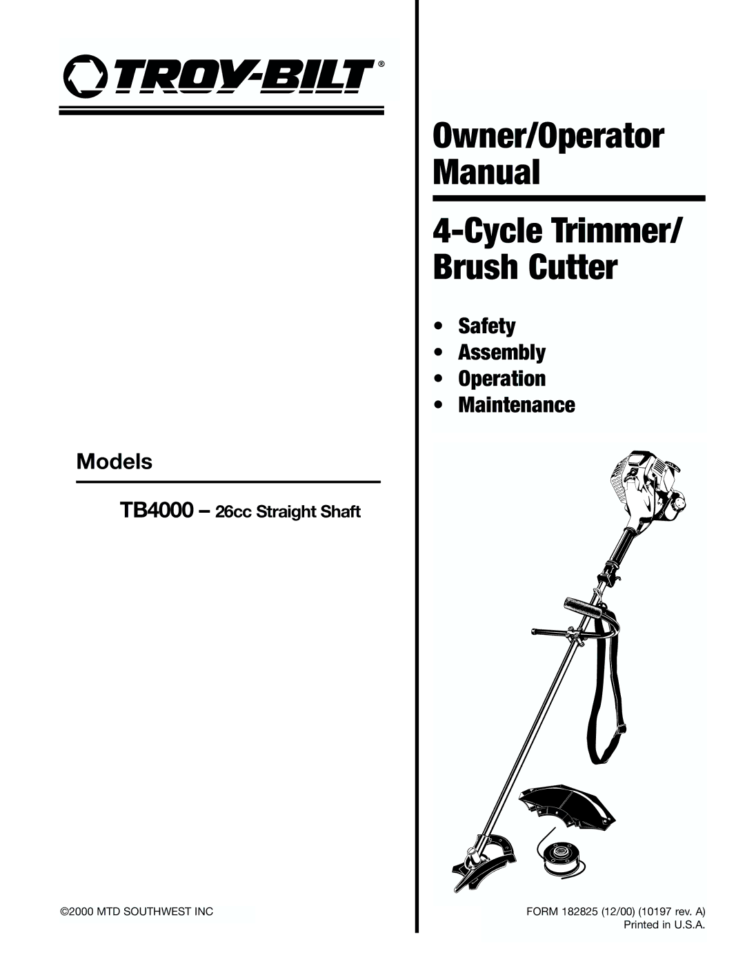 Troy-Bilt TB4000 manual Owner/Operator Manual Cycle Trimmer Brush Cutter 