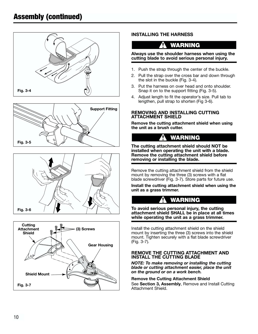 Troy-Bilt TB4000 manual Installing the Harness, Removing and Installing Cutting Attachment Shield 