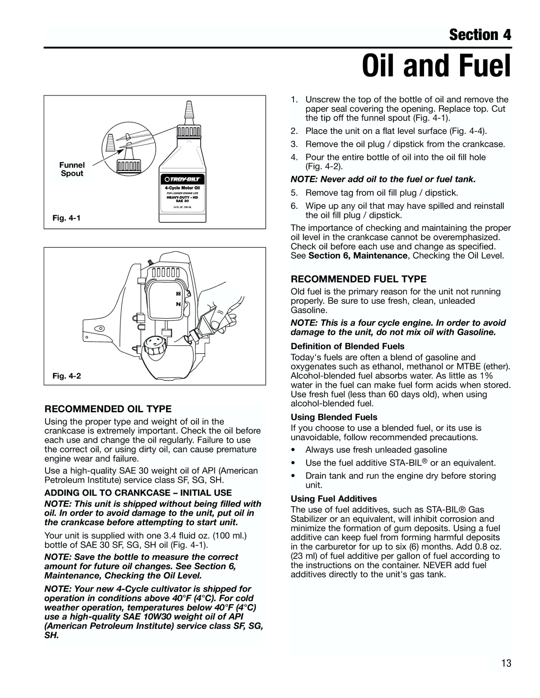 Troy-Bilt TB4000 manual Oil and Fuel, Recommended OIL Type, Recommended Fuel Type 