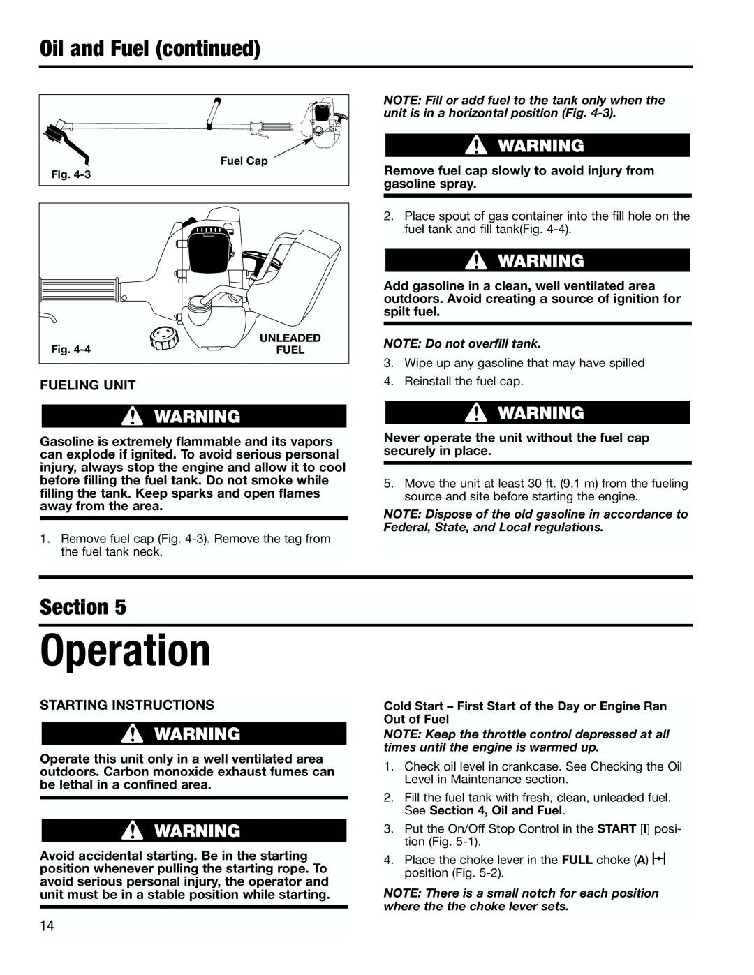 Troy-Bilt TB4000 manual Operation, Fueling Unit, Starting Instructions 