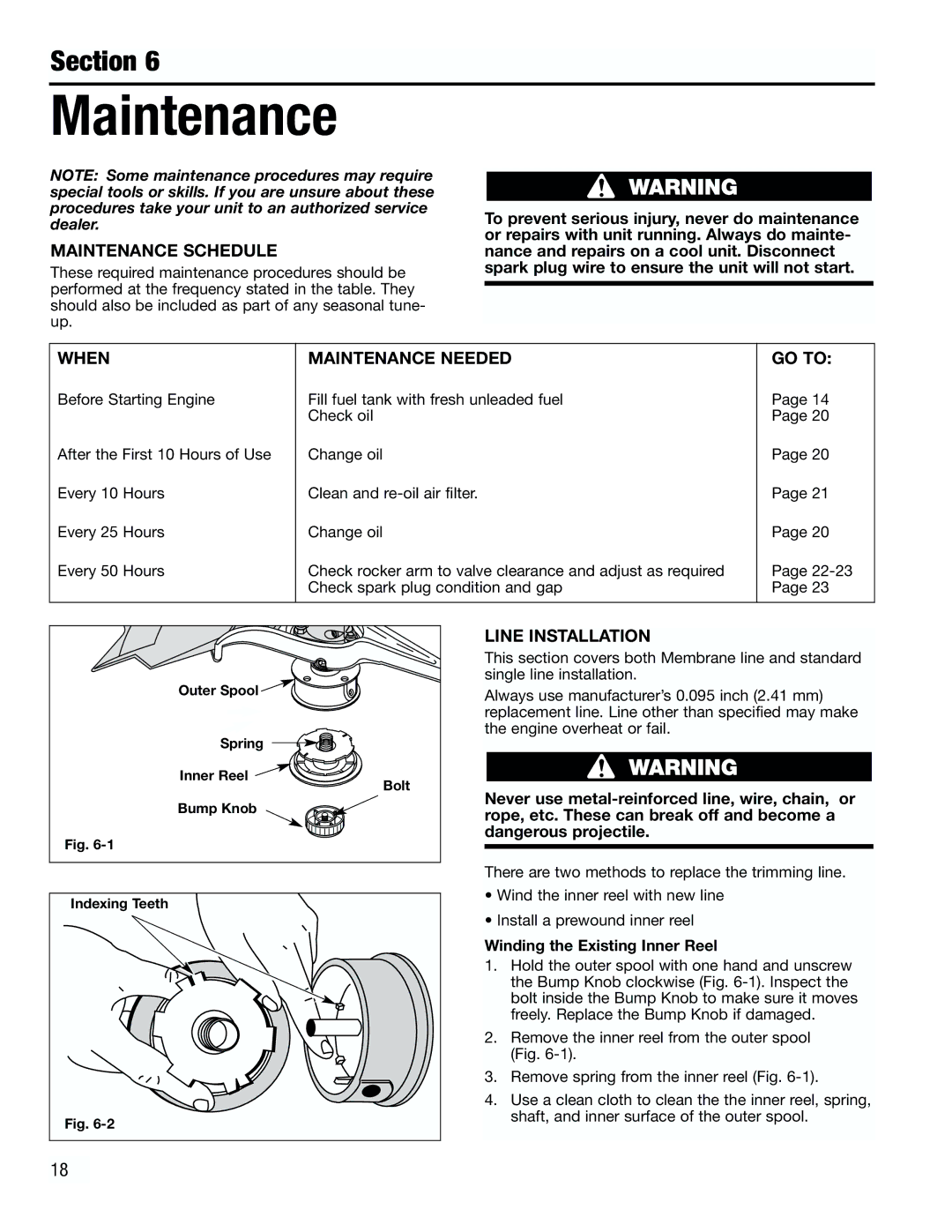 Troy-Bilt TB4000 manual Maintenance Schedule, When Maintenance Needed GO to, Line Installation 