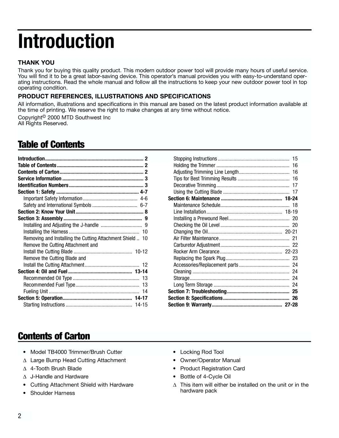 Troy-Bilt TB4000 manual Introduction, Table of Contents 