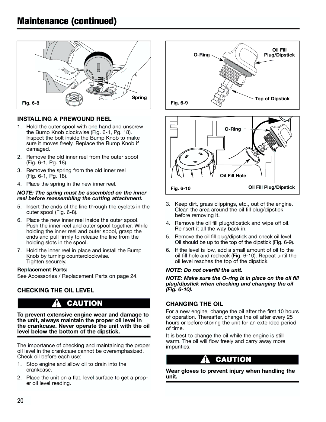 Troy-Bilt TB4000 manual Installing a Prewound Reel, Checking the OIL Level, Changing the OIL, Replacement Parts 