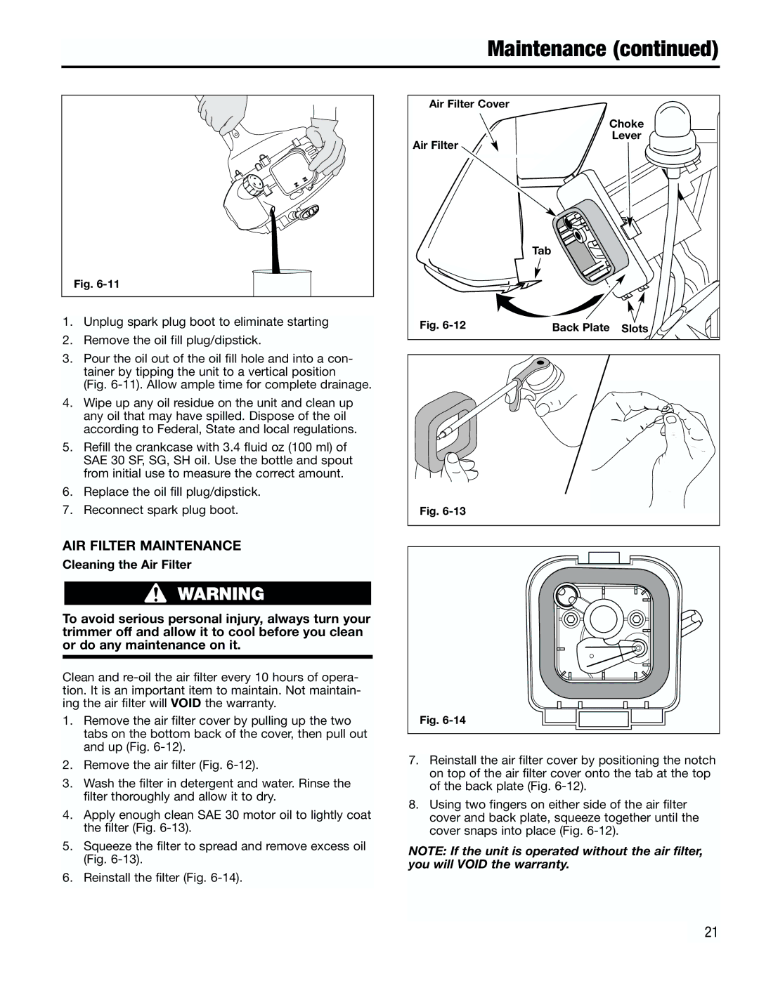 Troy-Bilt TB4000 manual AIR Filter Maintenance, Cleaning the Air Filter 