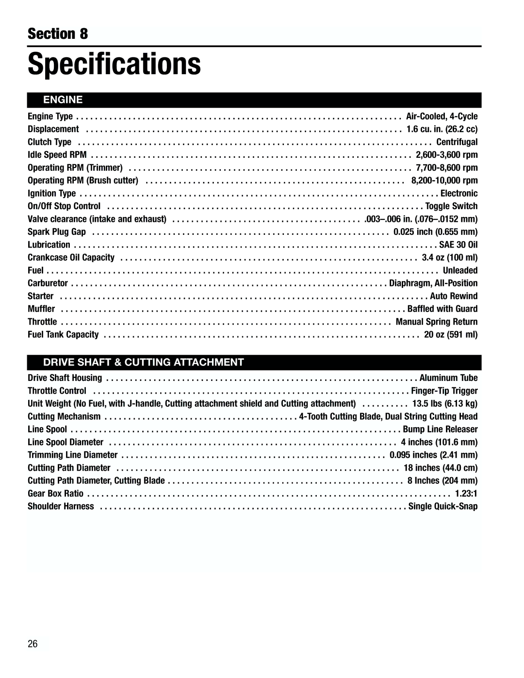 Troy-Bilt TB4000 manual Specifications, 200-10,000 rpm, Inch 0.655 mm 