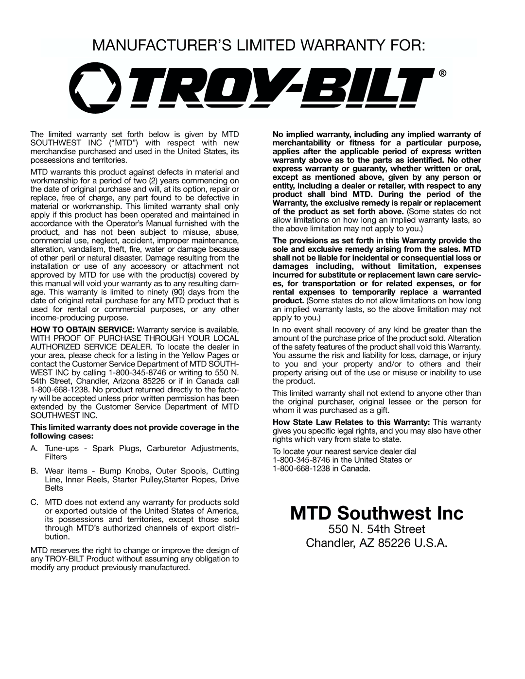 Troy-Bilt TB4000 manual MTD Southwest Inc 