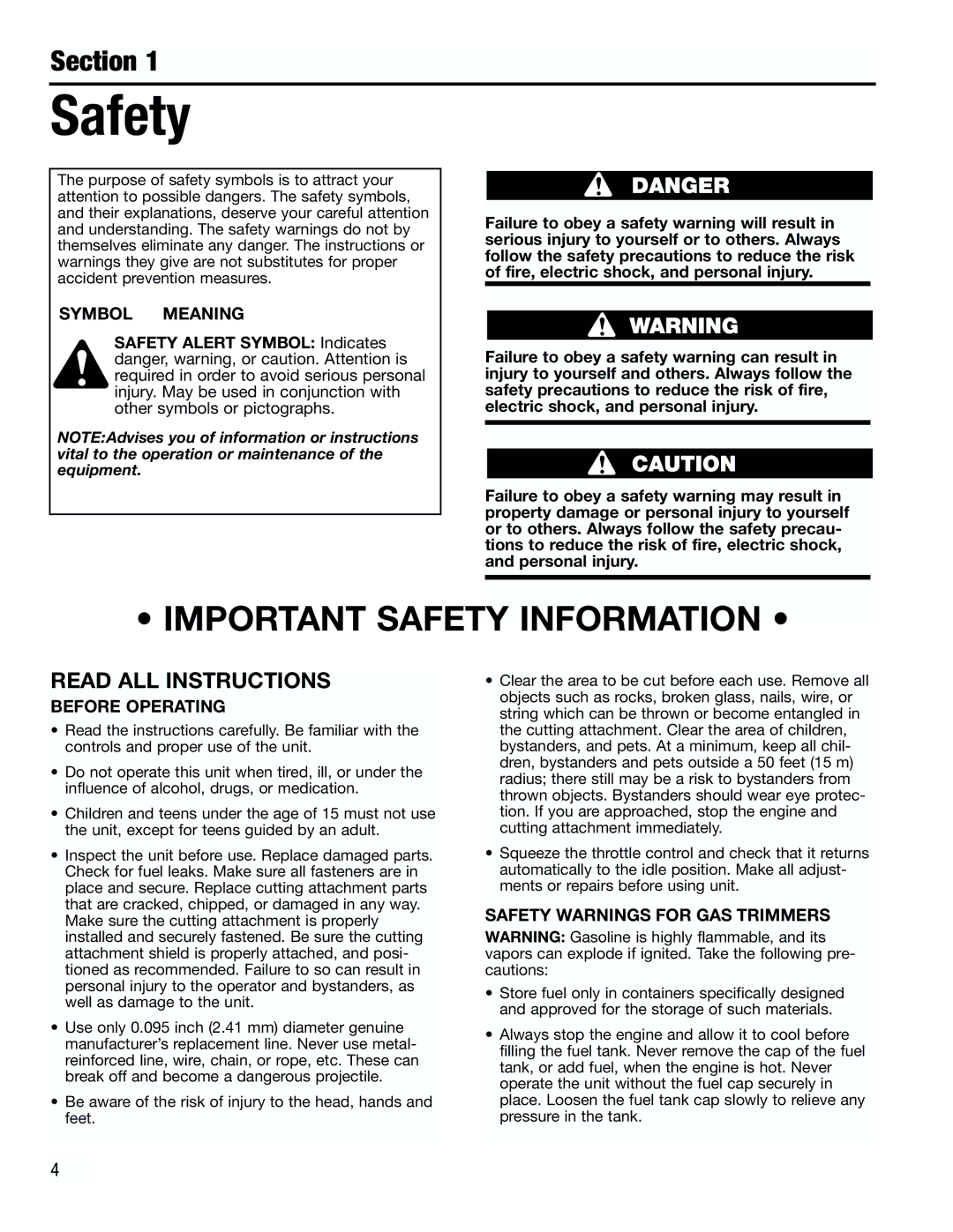 Troy-Bilt TB4000 manual Symbol Meaning, Before Operating, Safety Warnings for GAS Trimmers 