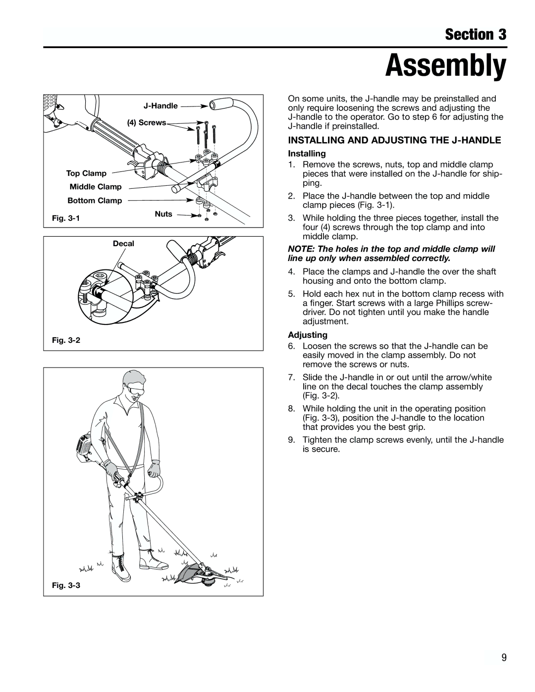 Troy-Bilt TB4000 manual Assembly, Installing and Adjusting the J-HANDLE 