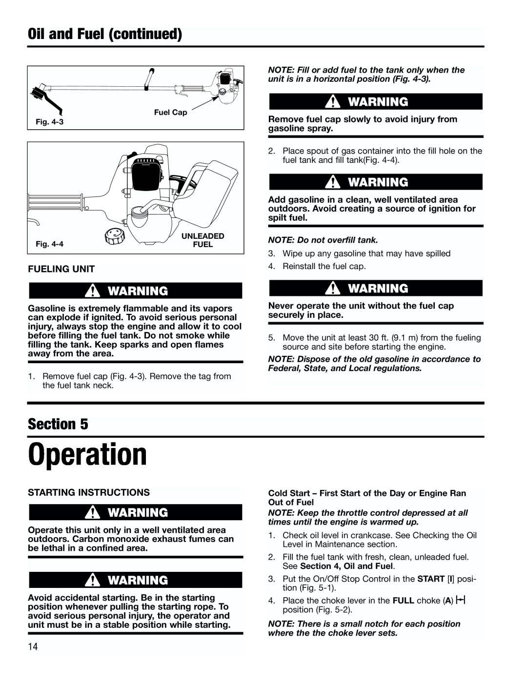 Troy-Bilt TB4000 manual Operation, Oil and Fuel continued, Fueling Unit, Starting Instructions, Section 
