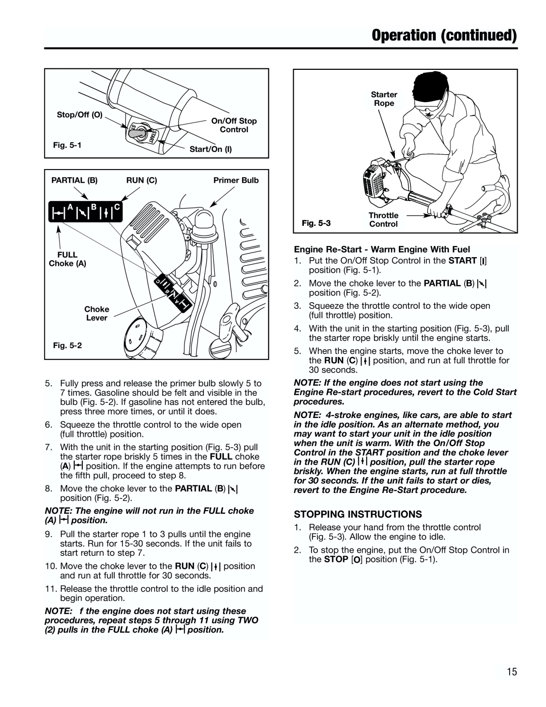 Troy-Bilt TB4000 Operation continued, Stopping Instructions, NOTE The engine will not run in the FULL choke A position 