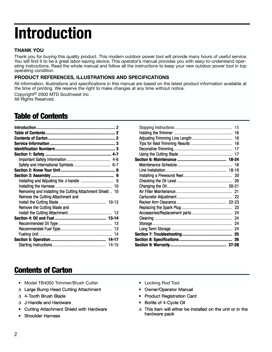 Troy-Bilt TB4000 manual Introduction, Table of Contents, Contents of Carton, Thank You 