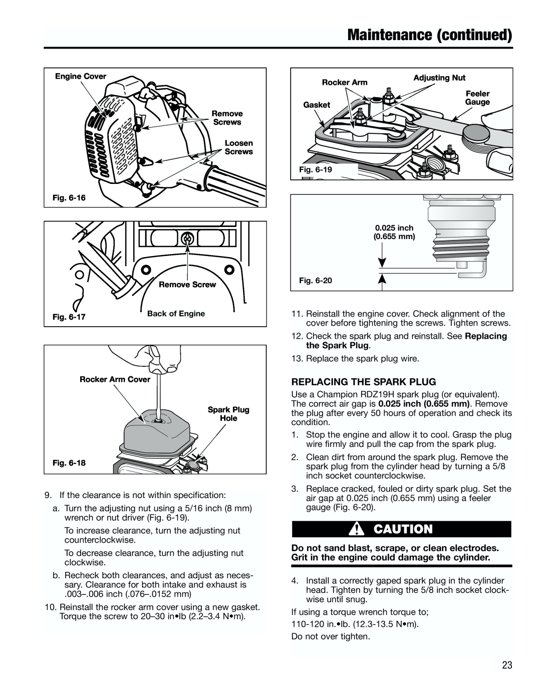 Troy-Bilt TB4000 manual Replacing The Spark Plug, Maintenance continued 