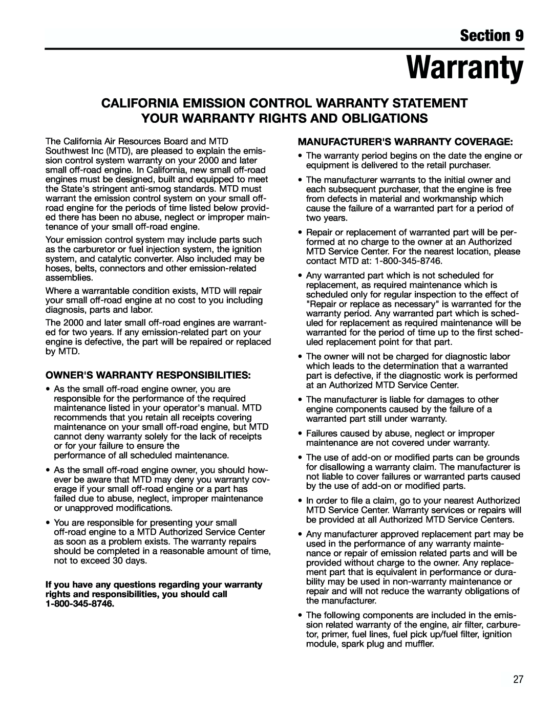 Troy-Bilt TB4000 manual California Emission Control Warranty Statement, Your Warranty Rights And Obligations, Section 