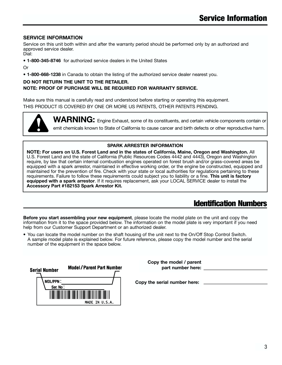Troy-Bilt TB4000 manual Service Information, Identification Numbers, Do Not Return The Unit To The Retailer 