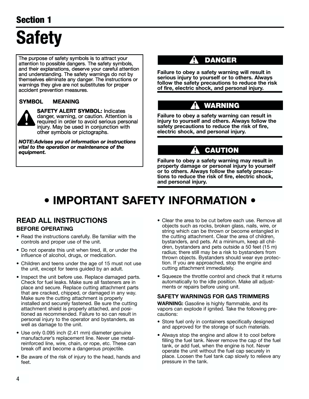 Troy-Bilt TB4000 manual Important Safety Information, Section, Read All Instructions, Symbol Meaning, Before Operating 