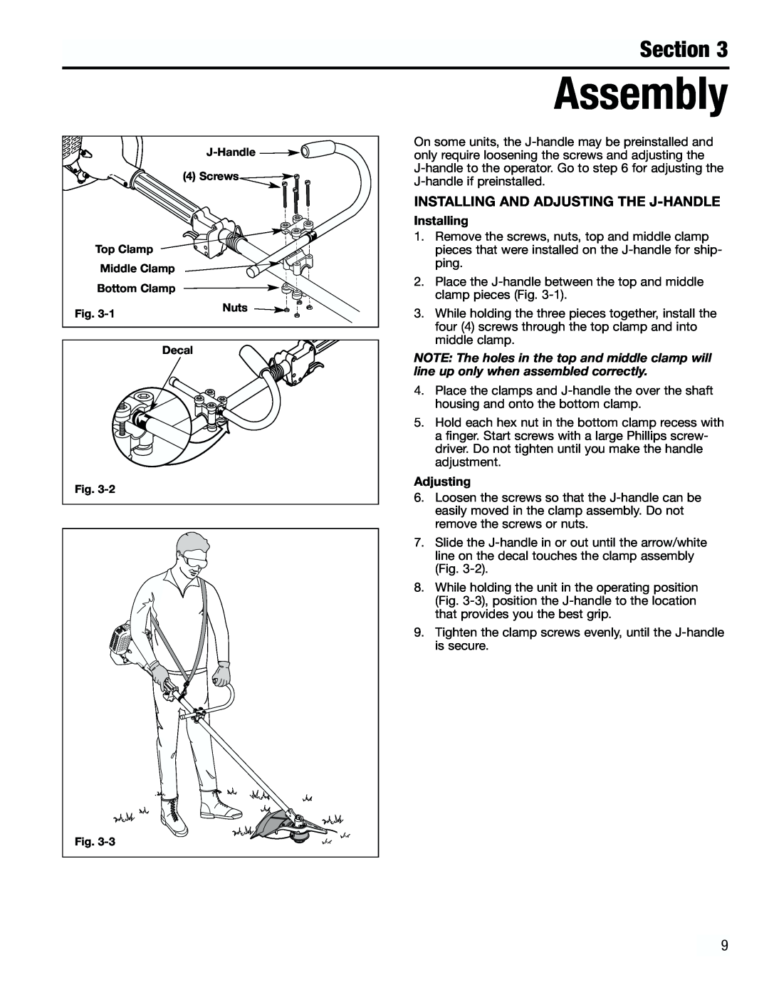 Troy-Bilt TB4000 manual Assembly, Installing And Adjusting The J-Handle, Section 