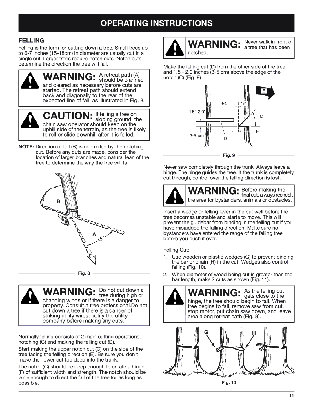 Troy-Bilt TB4516CC manual Operating Instructions, Felling, Area for bystanders, animals or obstacles 