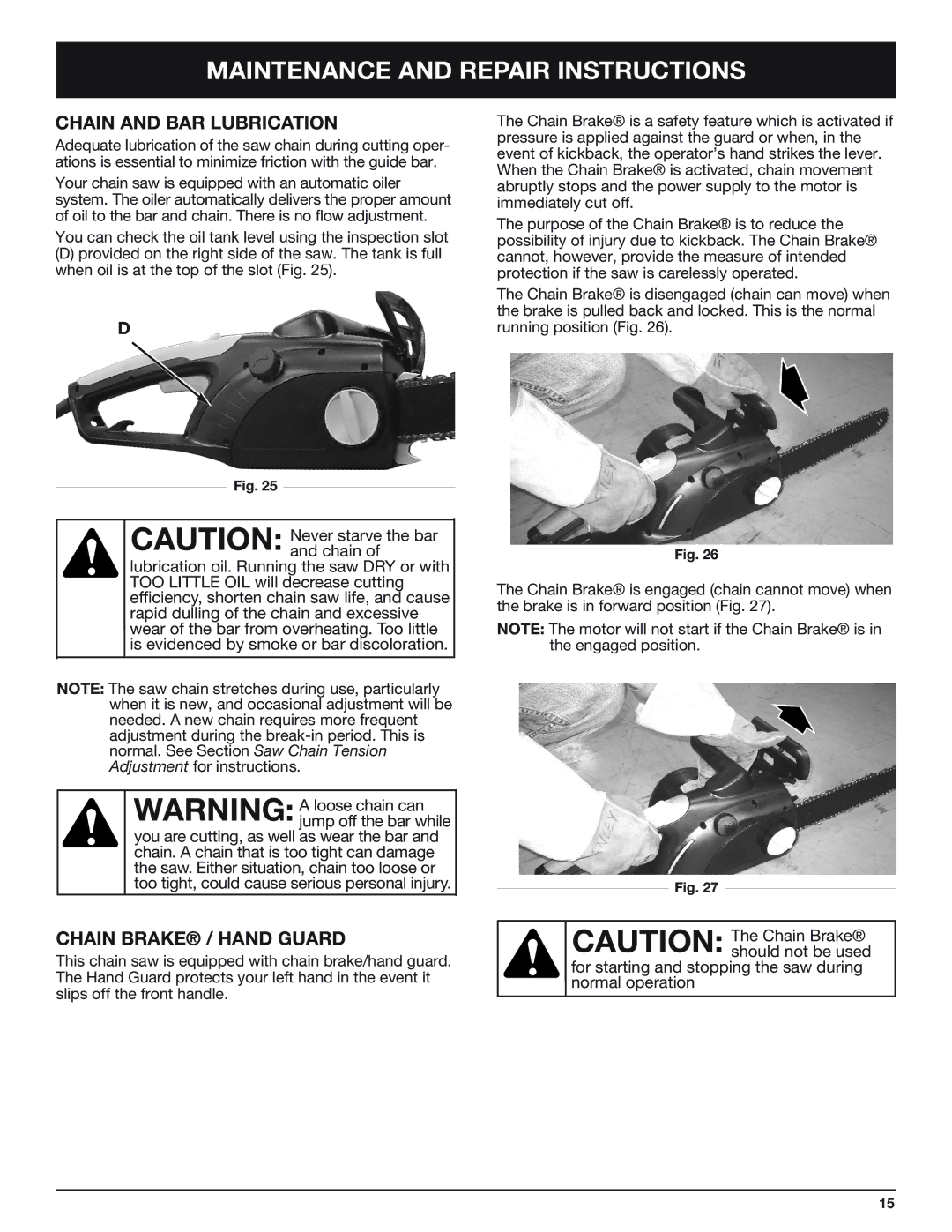 Troy-Bilt TB4516CC manual Chain and BAR Lubrication, Chain Brake / Hand Guard 