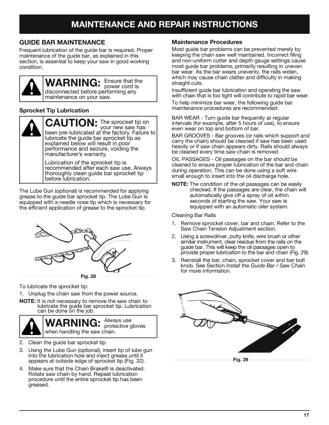 Troy-Bilt TB4516CC manual Guide BAR Maintenance, Sprocket Tip Lubrication, Maintenance Procedures 