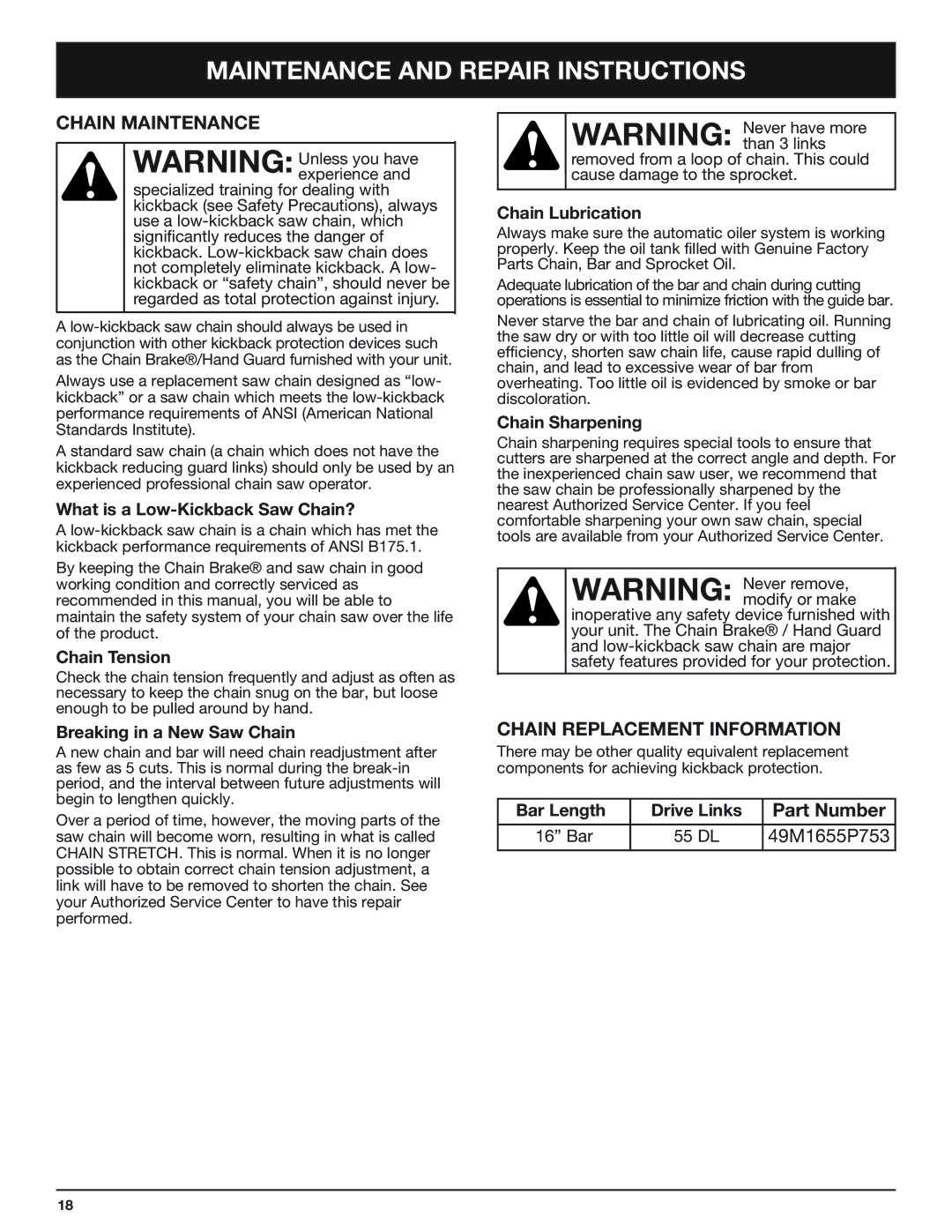 Troy-Bilt TB4516CC manual Chain Maintenance, Chain Replacement Information 