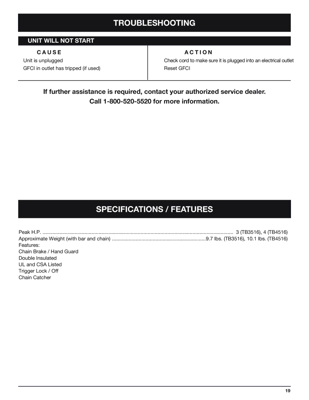 Troy-Bilt TB4516CC manual Troubleshooting, Specifications / Features, U S E, T I O N 