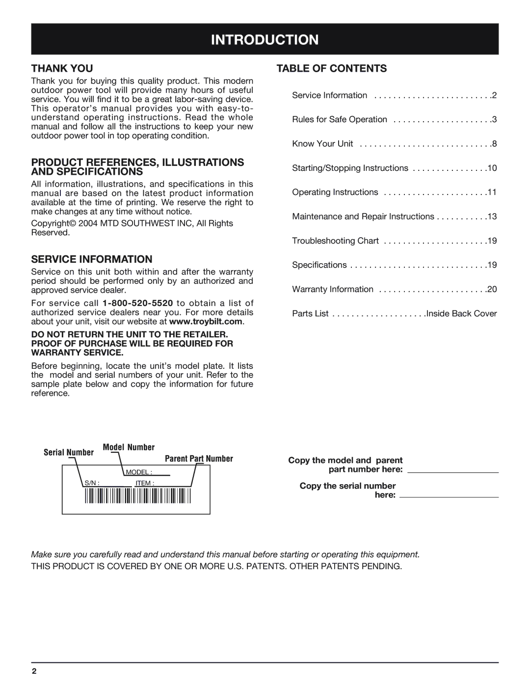 Troy-Bilt TB4516CC Introduction, Thank YOU, Product REFERENCES, Illustrations and Specifications, Service Information 