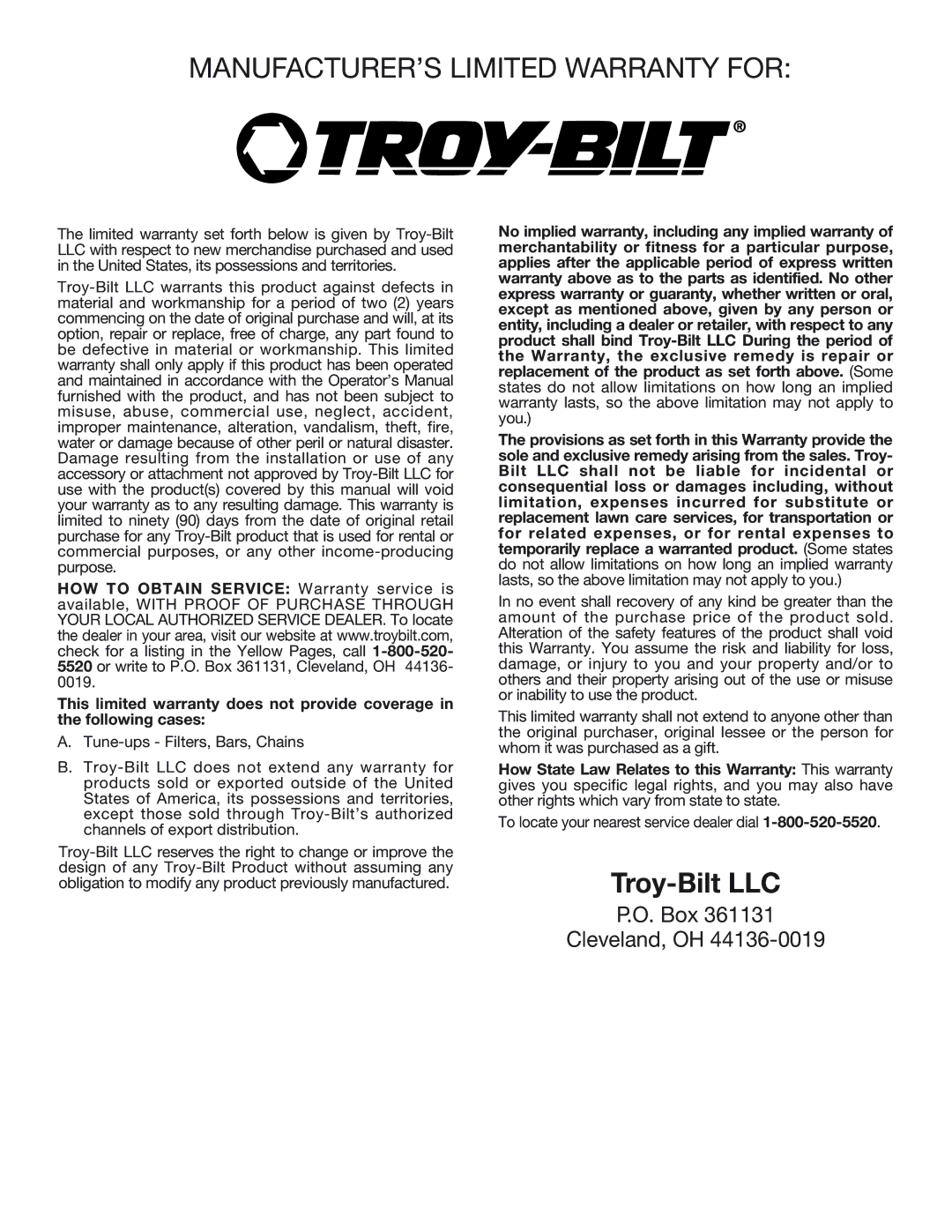 Troy-Bilt TB4516CC manual Troy-Bilt LLC 