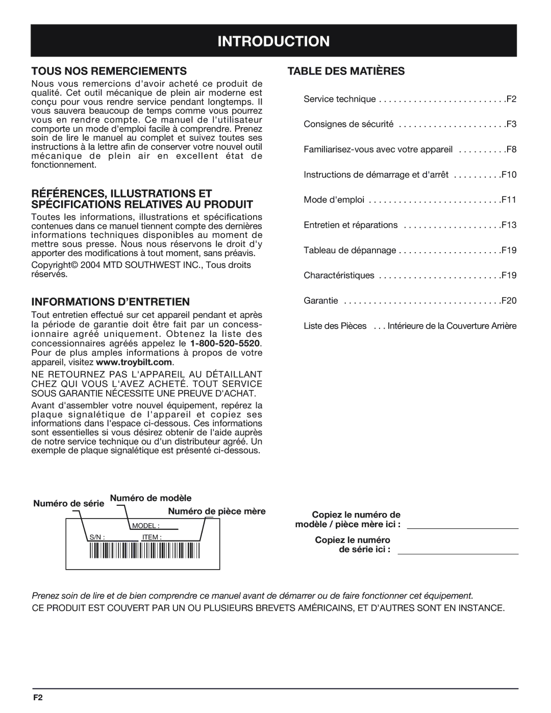 Troy-Bilt TB4516CC manual Tous NOS Remerciements, Informations D’ENTRETIEN, Table DES Matières 