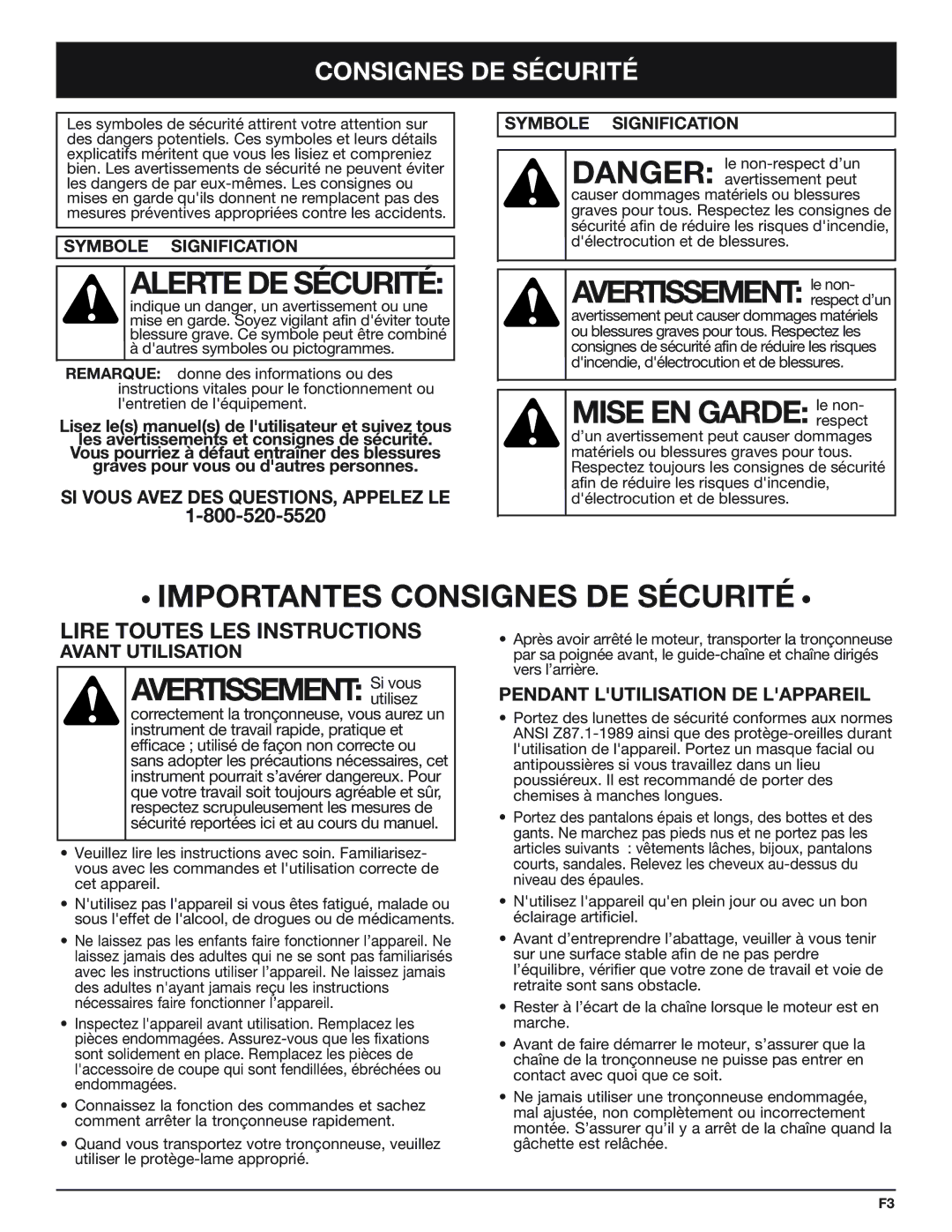 Troy-Bilt TB4516CC manual Alerte DE Sécurité, Avertissement le non, Mise EN Garde le non, Importantes Consignes DE Sécurité 