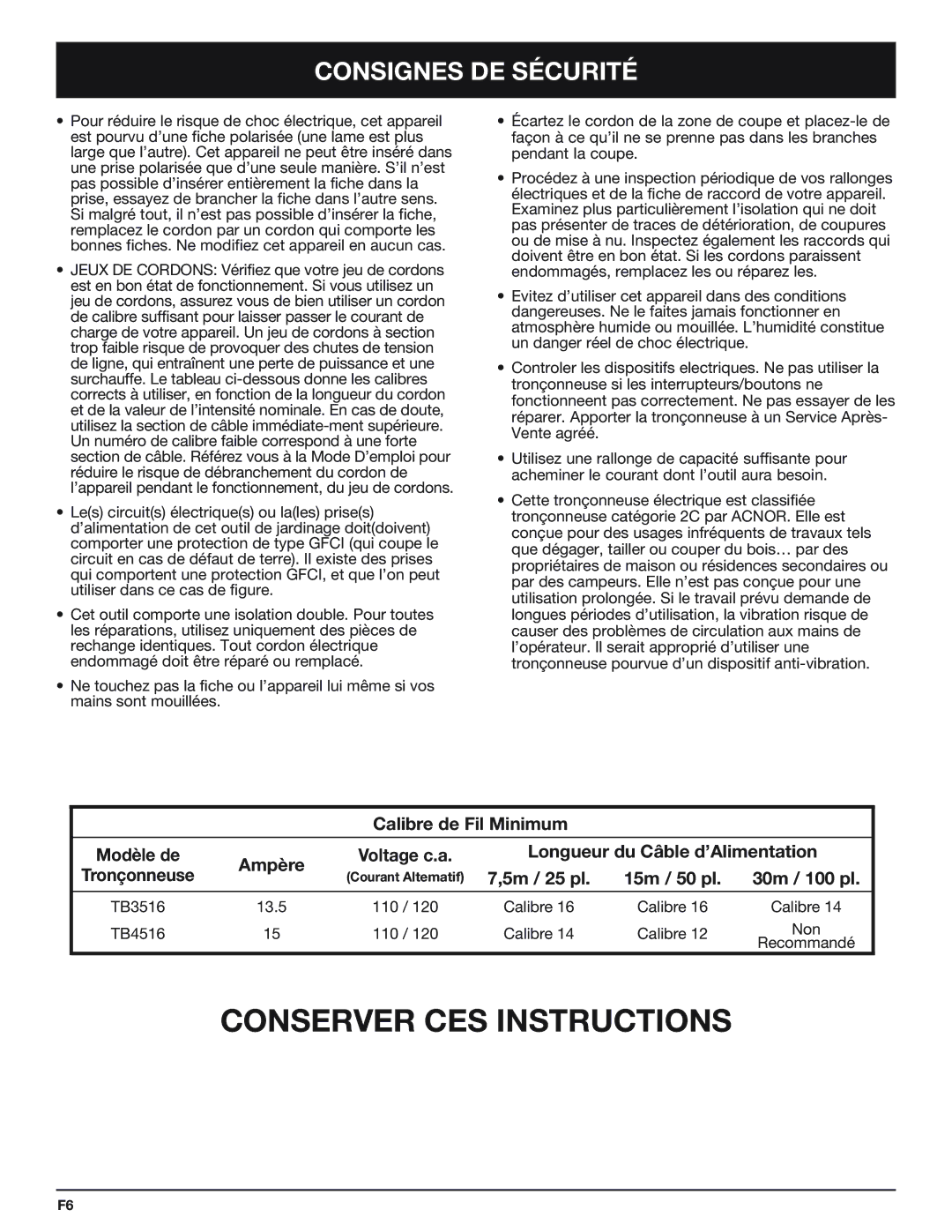 Troy-Bilt TB4516CC Conserver CES Instructions, Calibre de Fil Minimum, Ampère Voltage c.a Longueur du Câble d’Alimentation 