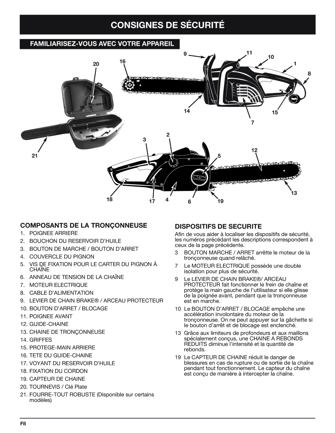 Troy-Bilt TB4516CC manual Composants DE LA Tronçonneuse, Dispositifs DE Securite 