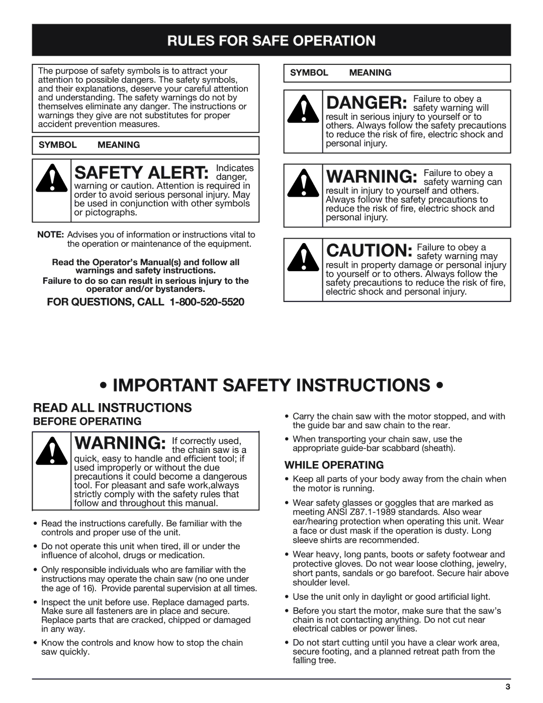 Troy-Bilt TB4516CC manual Important Safety Instructions, Rules for Safe Operation, Before Operating, While Operating 