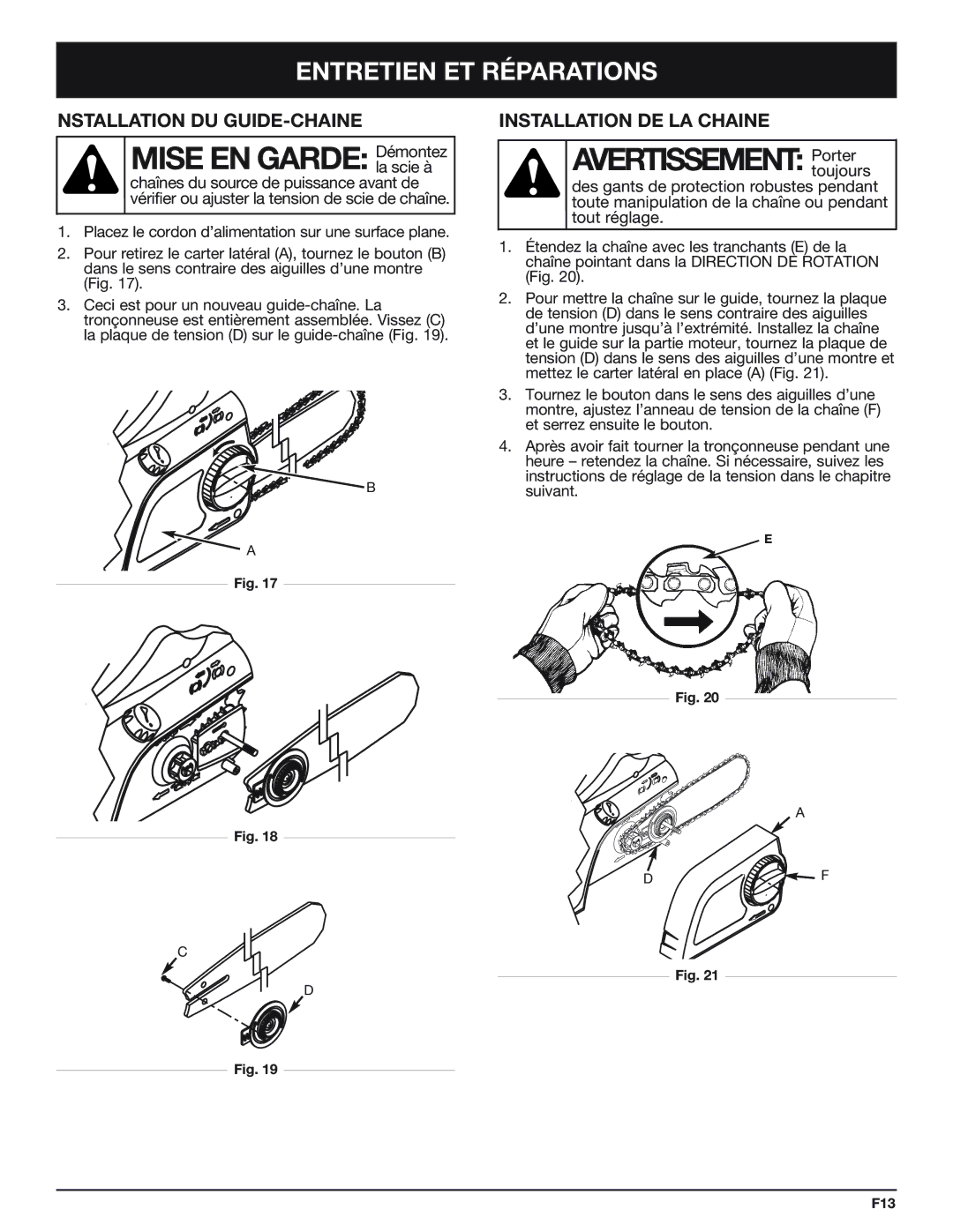 Troy-Bilt TB4516CC manual Mise EN Garde Démontez, Entretien ET Réparations, Nstallation DU GUIDE-CHAINE, La scie à 