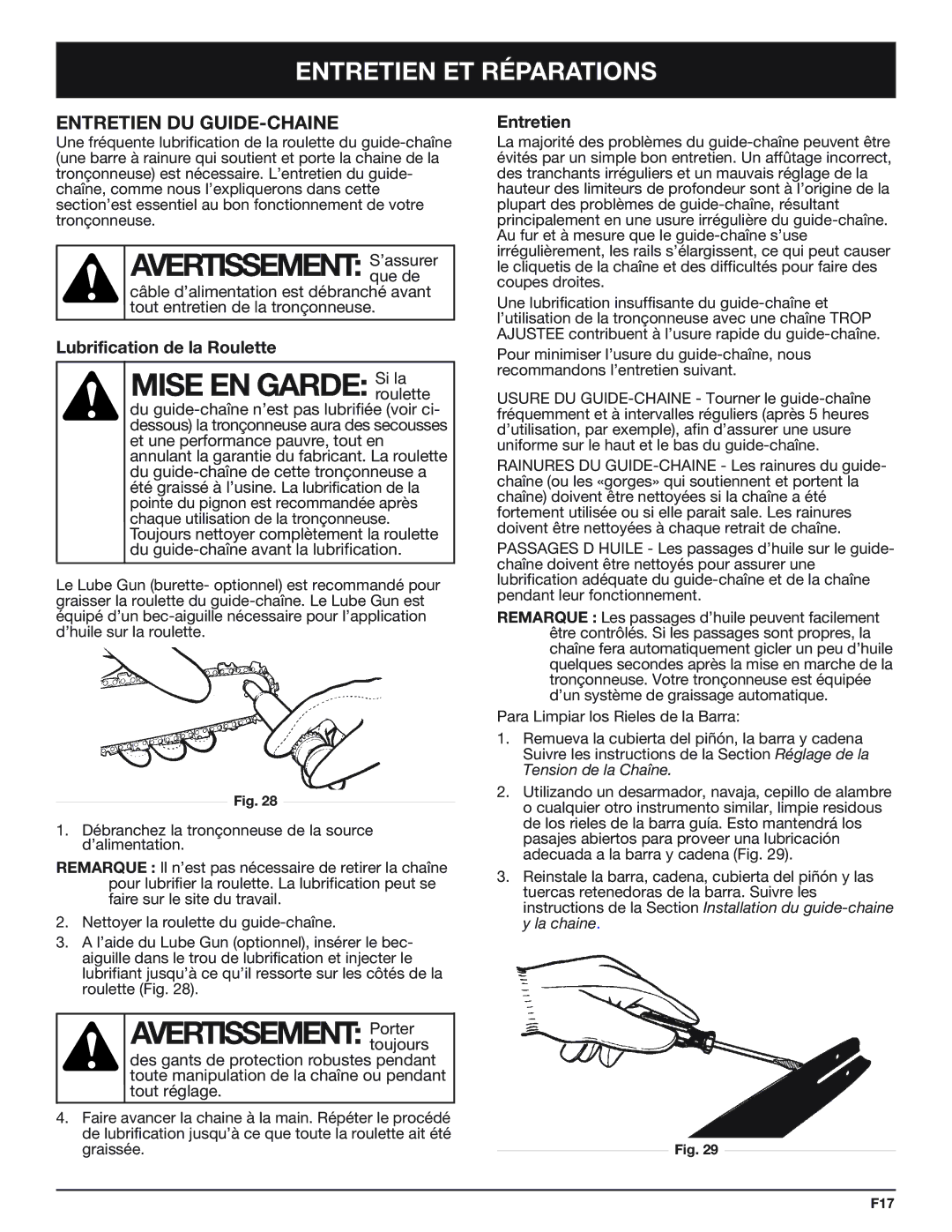 Troy-Bilt TB4516CC manual Entretien DU GUIDE-CHAINE, Lubrification de la Roulette, Si la roulette 