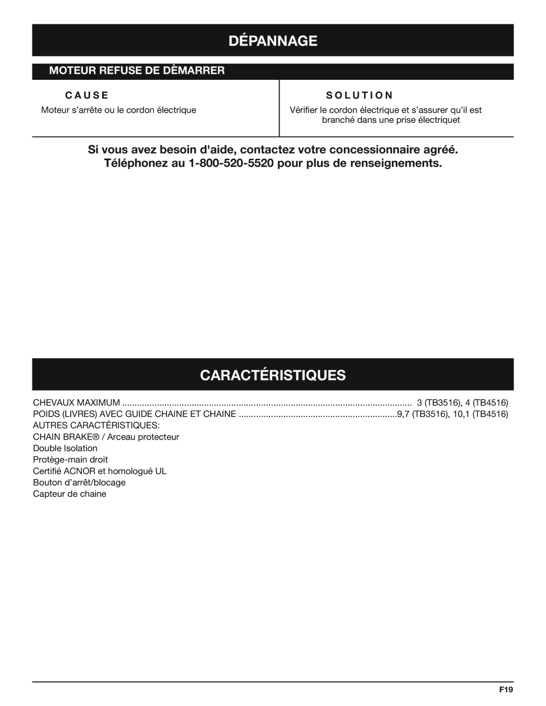 Troy-Bilt TB4516CC manual Dépannage, Caractéristiques, L U T I O N 