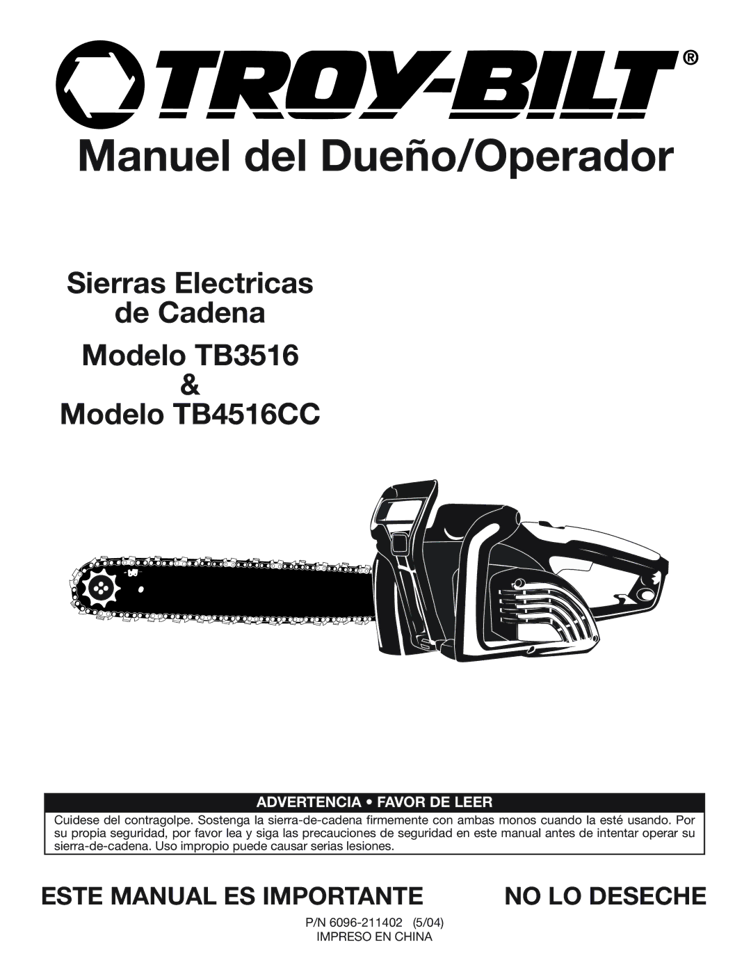 Troy-Bilt TB4516CC manual Manuel del Dueño/Operador, Este Manual ES Importante 