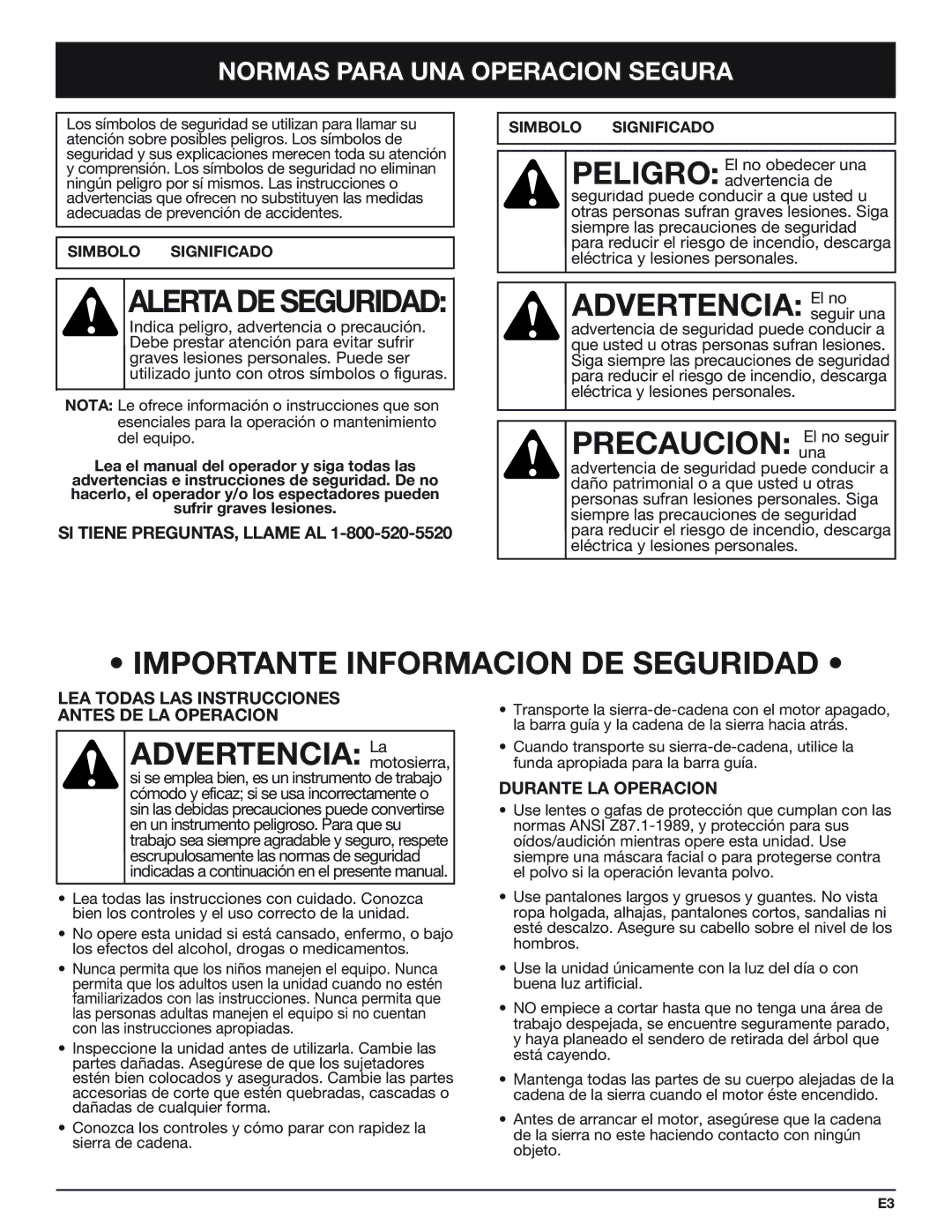 Troy-Bilt TB4516CC Importante Informacion DE Seguridad, Normas Para UNA Operacion Segura, SI Tiene PREGUNTAS, Llame AL 