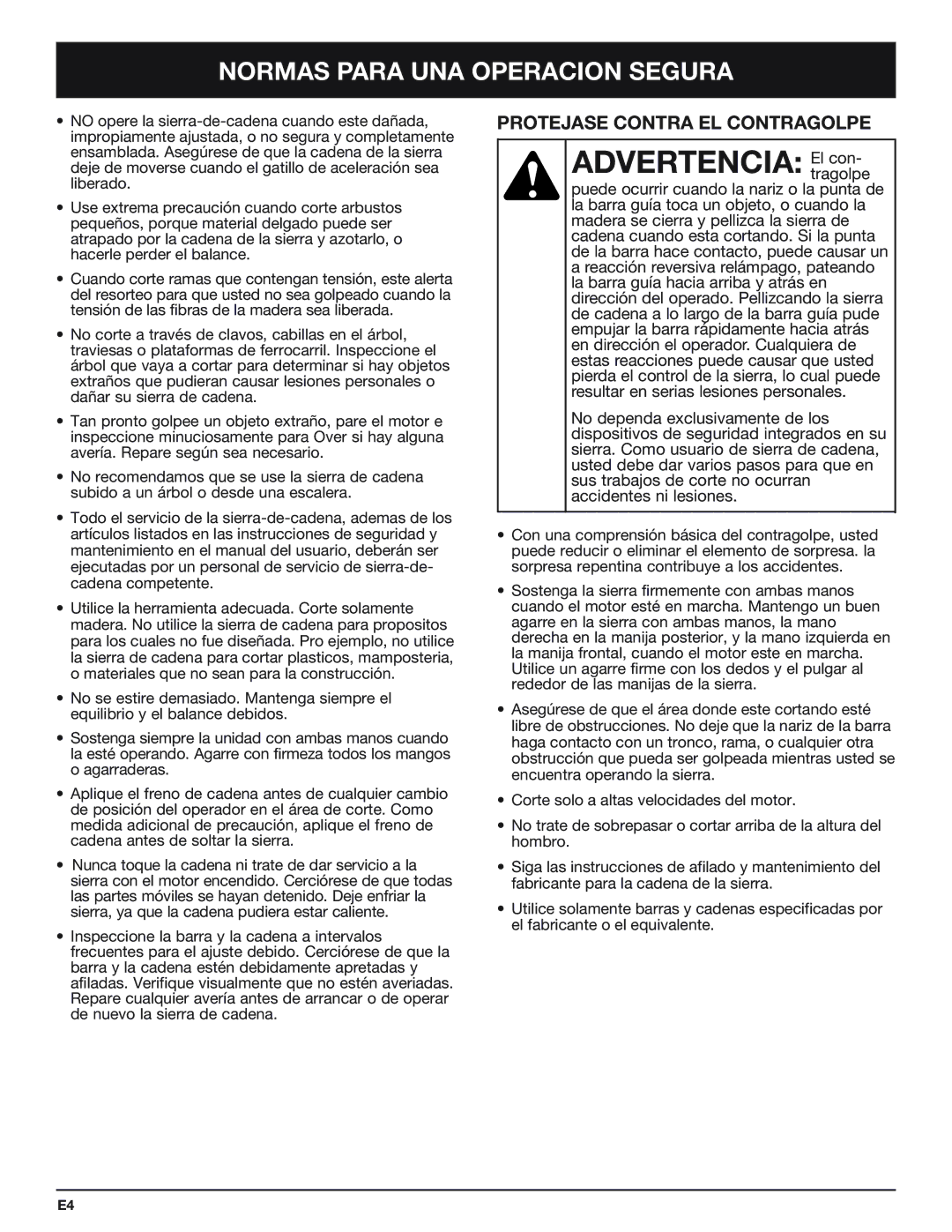 Troy-Bilt TB4516CC manual Advertencia El con, Protejase Contra EL Contragolpe 