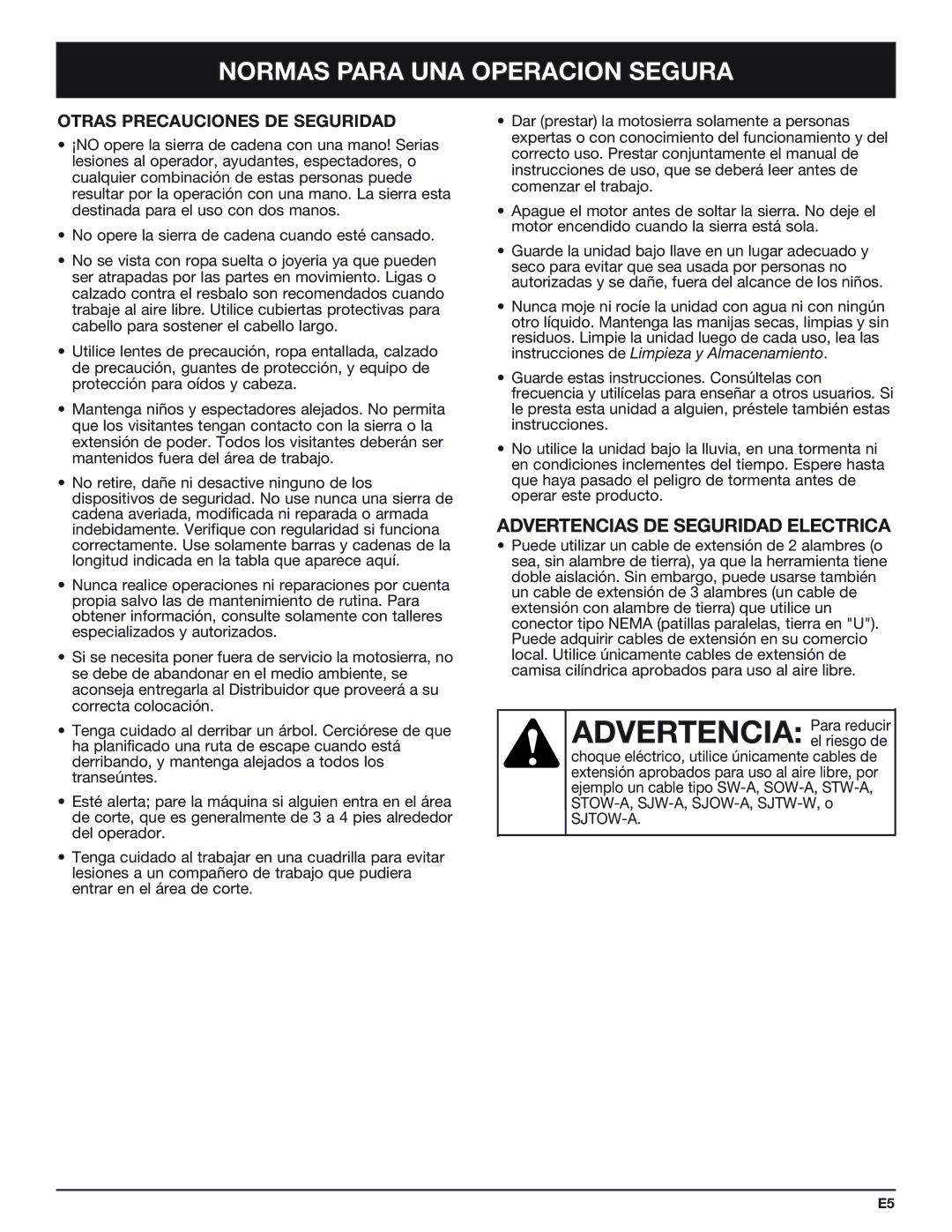 Troy-Bilt TB4516CC manual Advertencia Para reducir, Advertencias DE Seguridad Electrica, Otras Precauciones DE Seguridad 