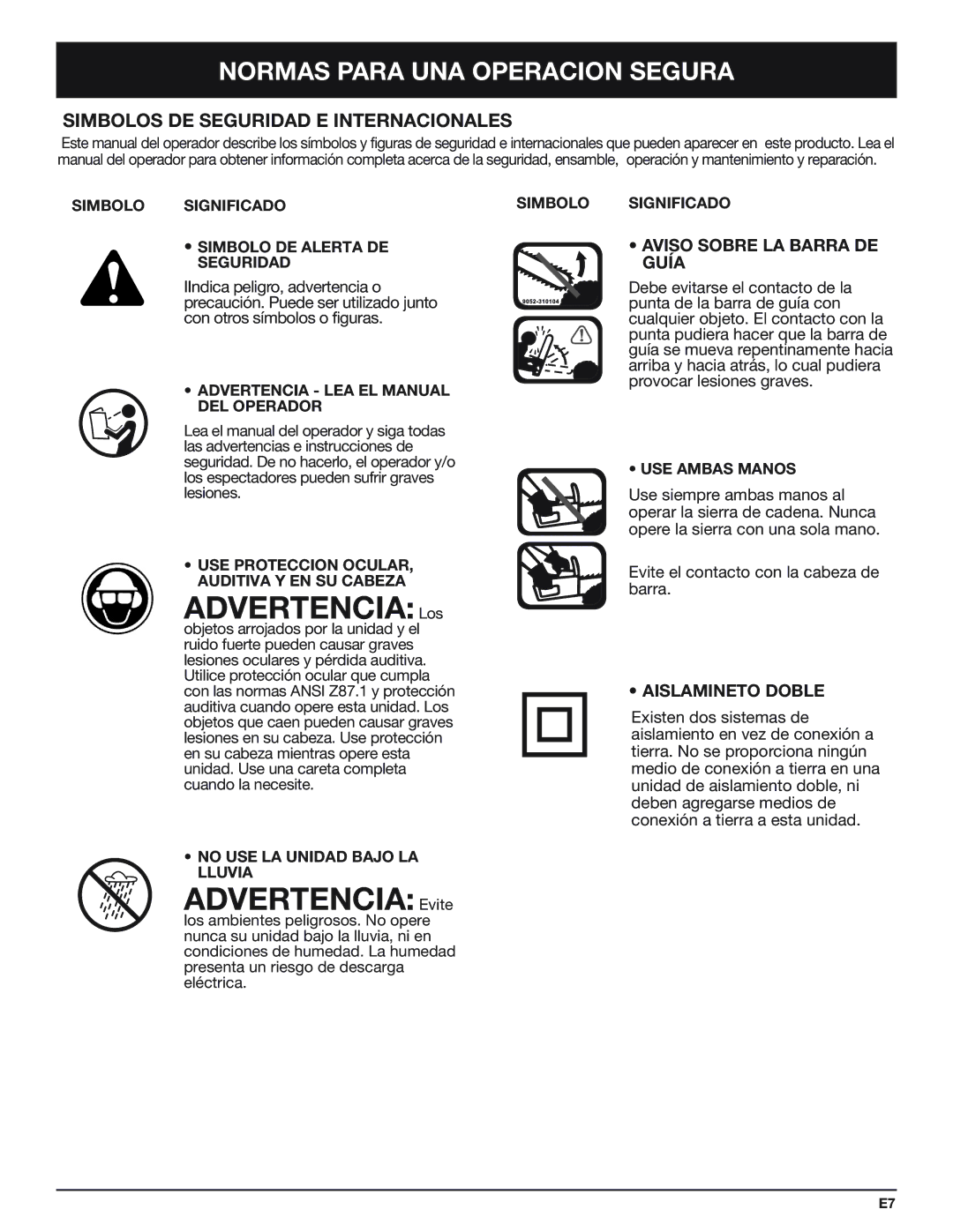 Troy-Bilt TB4516CC manual Advertencia Los, Advertencia Evite, Simbolos DE Seguridad E Internacionales 