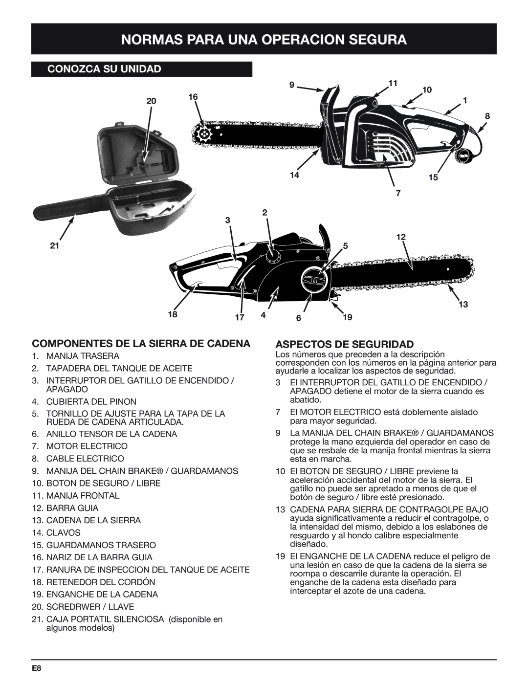 Troy-Bilt TB4516CC manual Componentes DE LA Sierra DE Cadena, Aspectos DE Seguridad 