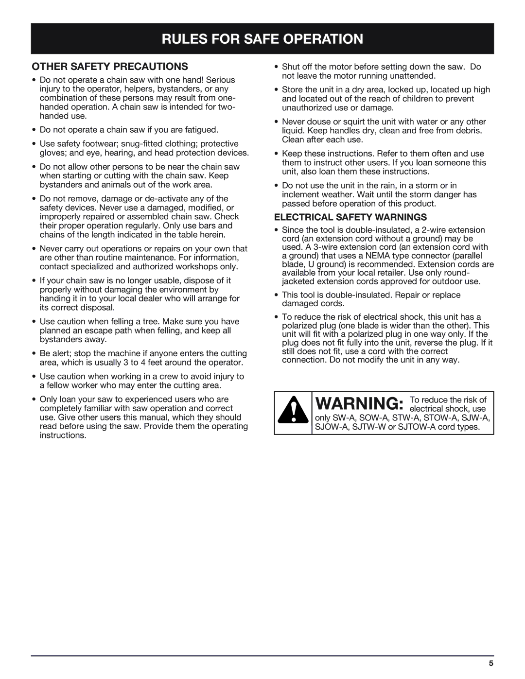 Troy-Bilt TB4516CC manual Other Safety Precautions, Electrical Safety Warnings 