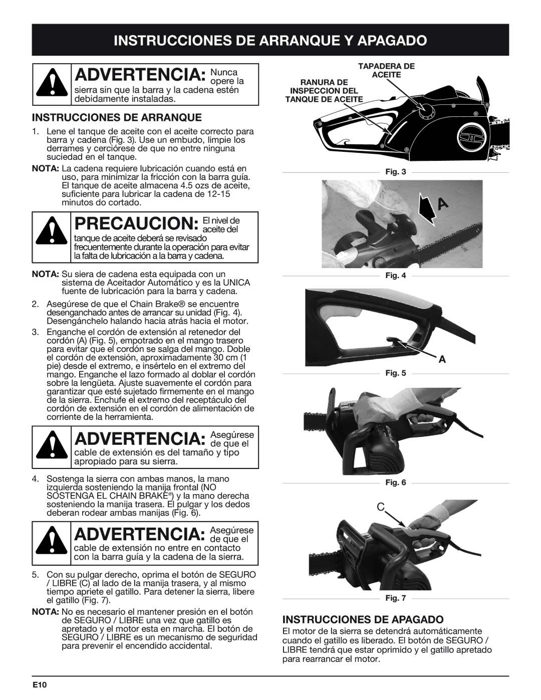 Troy-Bilt TB4516CC Advertencia Nunca, Precaucion El nivel de, Advertencia Asegúrese, Instrucciones DE Arranque Y Apagado 