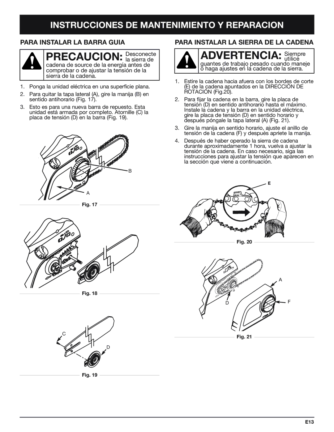 Troy-Bilt TB4516CC manual Precaucion Desconecte, Instrucciones DE Mantenimiento Y Reparacion, Para Instalar LA Barra Guia 