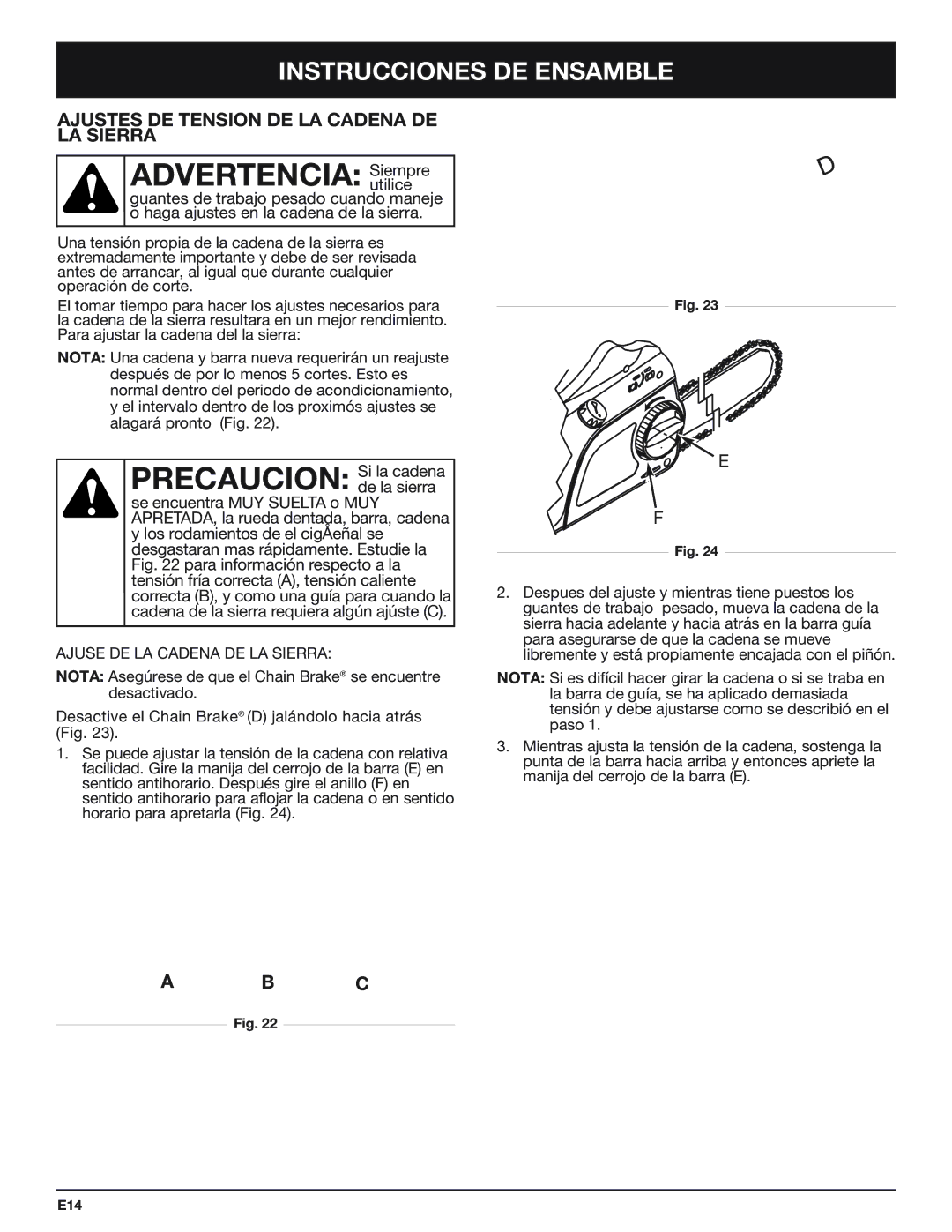 Troy-Bilt TB4516CC manual Instrucciones DE Ensamble, Ajustes DE Tension DE LA Cadena DE LA Sierra 