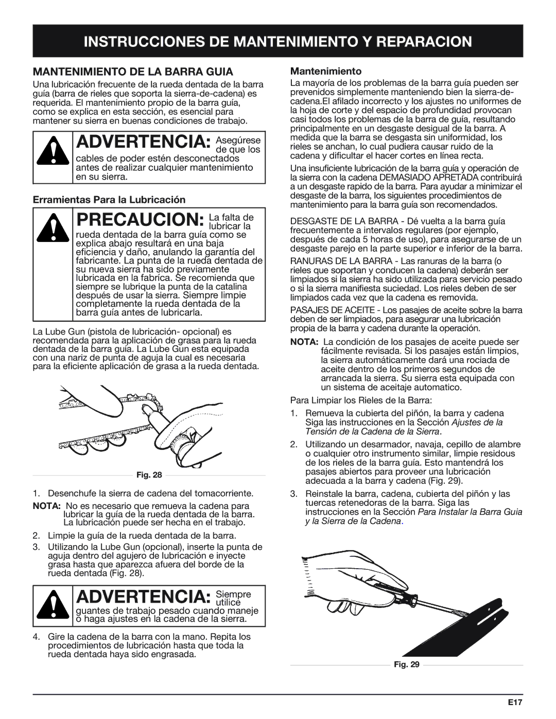 Troy-Bilt TB4516CC manual Mantenimiento DE LA Barra Guia, Erramientas Para la Lubricación 